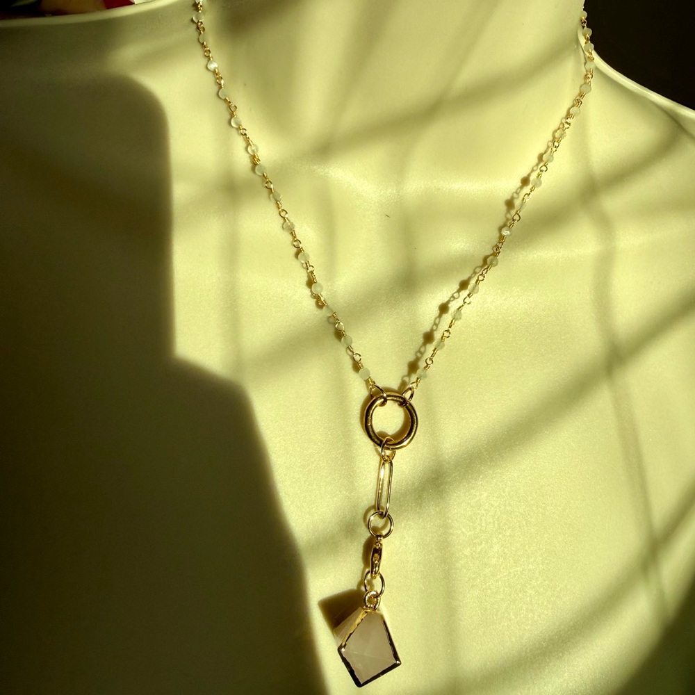 🆕 16” Rare Gold Rosary Moonstone Necklace with 2 Charms: Moonstone & Rose Quartz